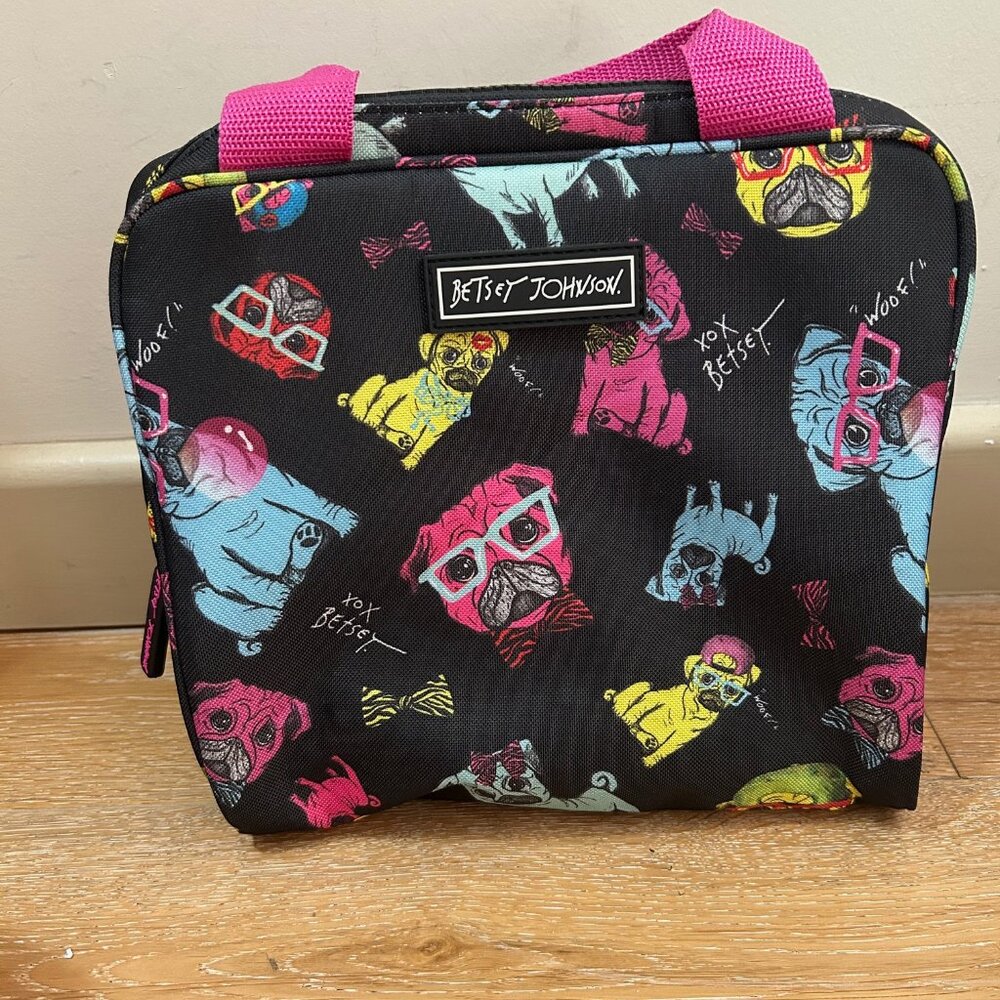 Betsey Johnson Insulated Lunch Box Tote Bag Neon Dogs Pugs with Glasses Rare